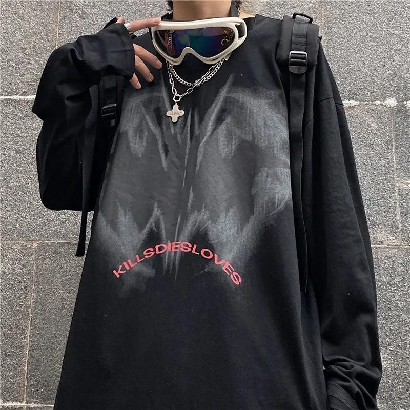 Harajuku oversize homens manga longa outono camiseta gótico preto retro ulzzang aconchegante moda streetwear solto plus size hip hop tops 220708