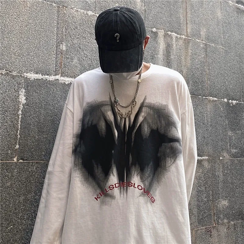 Harajuku surdimensionné hommes à manches longues automne T-shirt gothique noir rétro Ulzzang confortable mode streetwear lâche grande taille hip hop hauts 220708