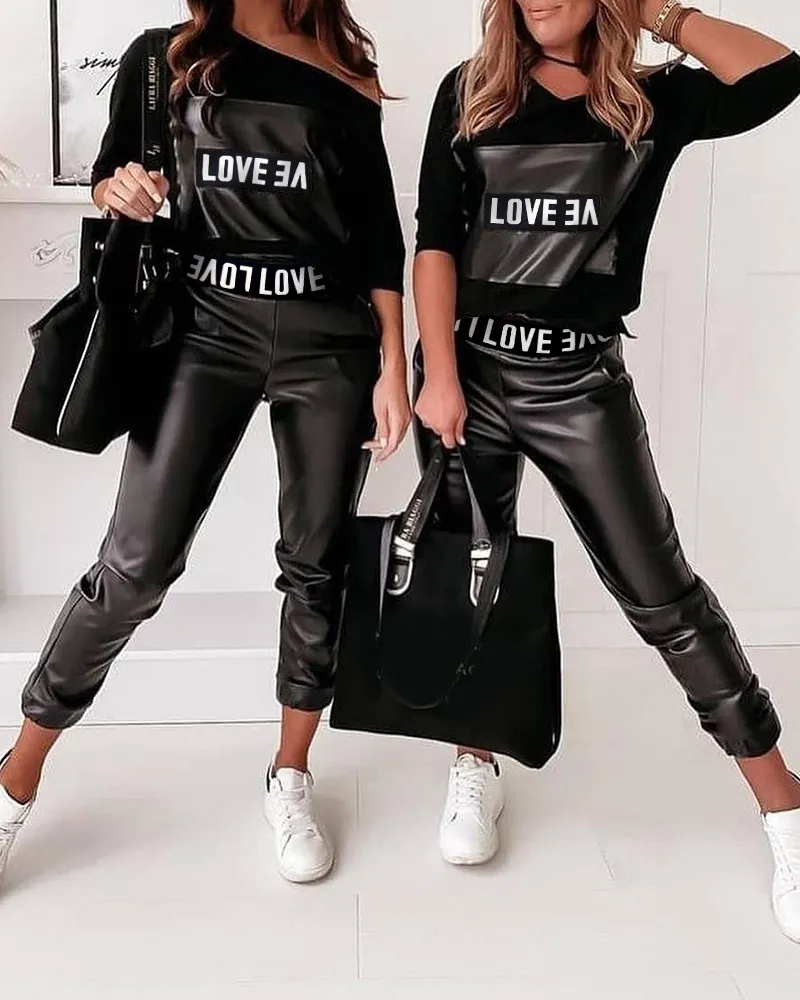 Spring Autumn Women's Letter Print Suit Set Femme Casual Long Sleeve One Shoulder Top & PU Leather Pants Ladies Outfit 220315