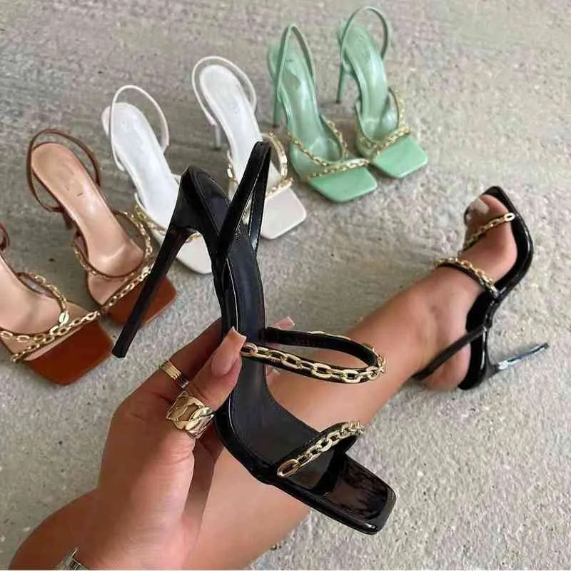 Summer Women Sandals Square Toe Ladies Heel Mules Clear PVC Transparent High Heels Slippers Female Fashion Chain Shoes Woman G220425