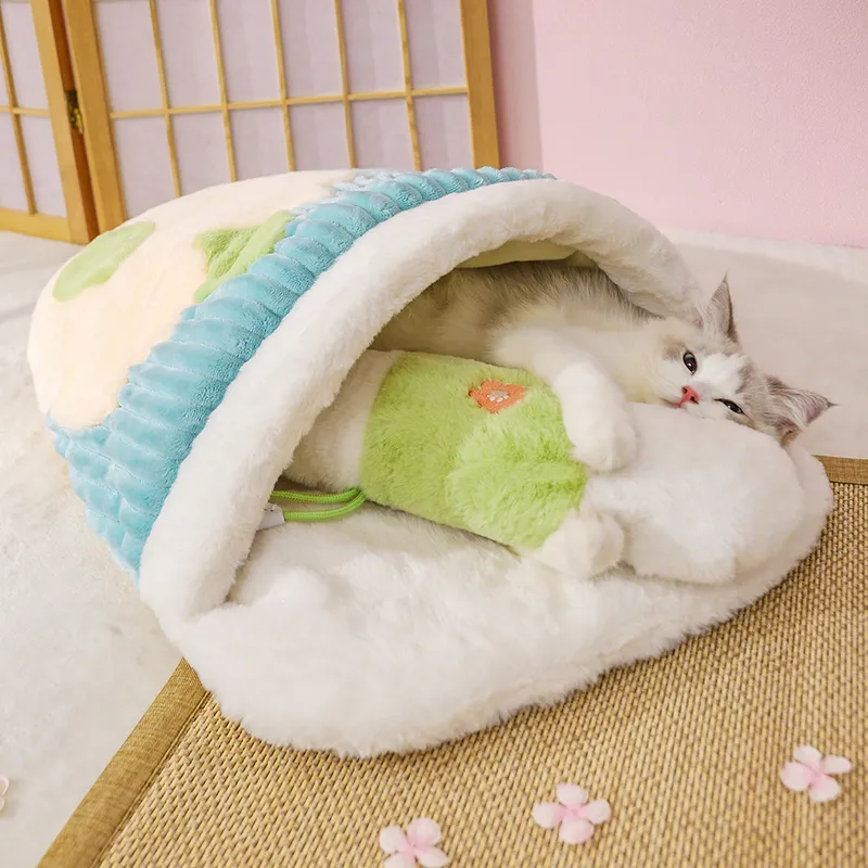 Hoopet Japanese Winter Thick Cat Sleeping Bed Removable Pillow with Funny Rope Warm Cushion for s Puppy Dog Sofa Pet 220323