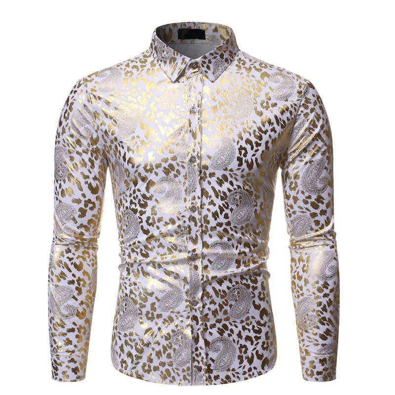 Luxury White Paisley Bronzing Print Shirt Men Camisa Masculina 2022 Helt nya herrklänningskjortor Party Nightclub Casual Shirt L220704