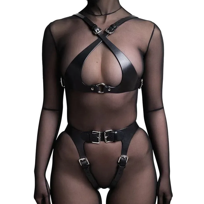 Sexyy arnês de couro feminino sutiã corpo lingerie bondage liga cinto perna apertado goth acessórios meias com conjunto sexy shop