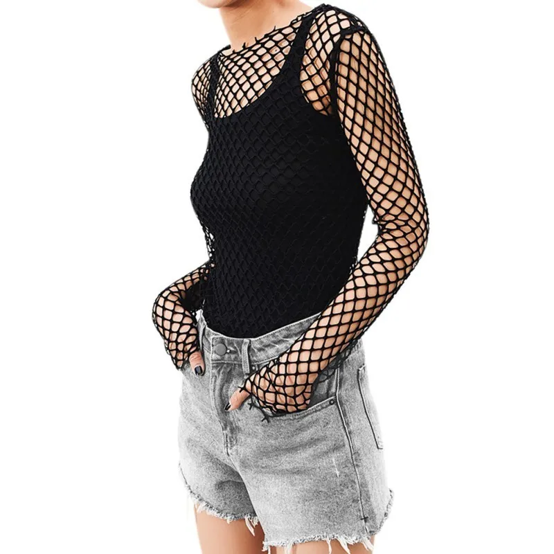 Kobiety Perspective Perspective Sheer Fishnet Tee Bodycon Bodycon Long Sleeve Tops Beach T Shirt Party Club 220714