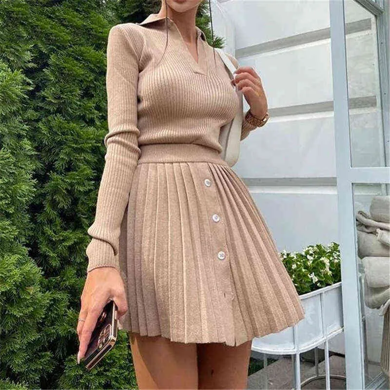 JULISSA MO Delle Donne di Modo Lavorato A Maglia A Due Pezzi Set 2021 Autunno A Maniche Lunghe Camicia Skinny Top Gonna A Pieghe Vestito Delle Signore Vestito Elegante T220729