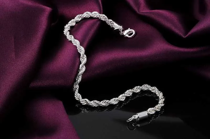 Hot Silver Fashion 925 4mm Torcido Corrente Corrente Braceletes Colar Jóias Conjuntos para Homens Mulheres Casamento Festa Presentes