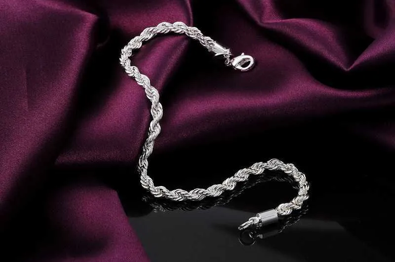 Hot Silver Fashion 925 4mm Twisted Touw Ketting Armbanden Ketting Sieraden Sets Voor Mannen Vrouwen Bruiloft Geschenken