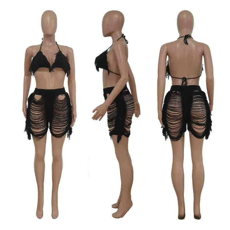Tassel Knitted Bikini Set Cover-ups Solid Fishnet Off Shoulder Crop Top Hollow Out Short 2022 Summer Beach Wear Set Y220804