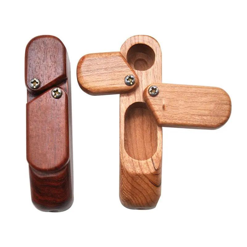 Portable Herb Wooden Smoking Pipes with Swivel Lid & Storage Box Creative Mini Foldable Cover Wood Smoke Pipe Bongs Tobacco Cigarette Holder ZL0973