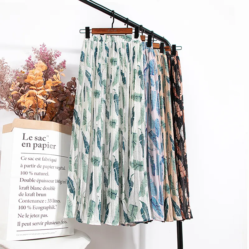Croysier jupes taille haute imprimé fleuri mi-mollet longue jupe plissée femmes été Vintage élégant en mousseline de soie jupe Midi 220521