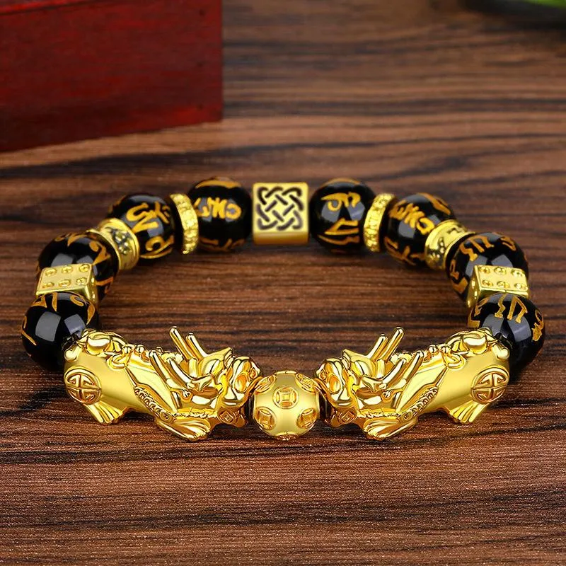 Perlen Stränge Männer Schwarz Obsidian Stein Perlen Armband Pixiu Chinesischen Feng Shui Glück Reichtum Buddha Für Frauen Schmuck Lars22282h