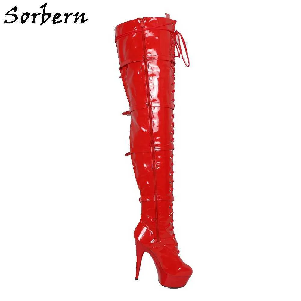 Sorbern femmes sur le genou longueur bottes rouge en cuir verni 15 CM talons grande taille dames fête bottes mode dames bottes