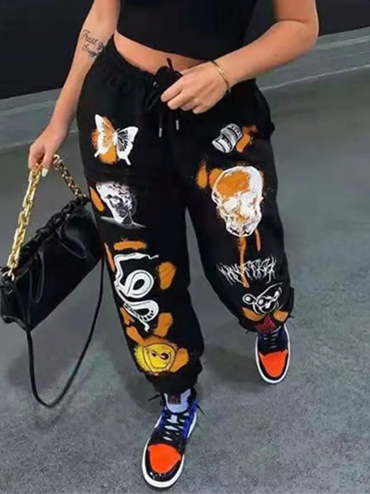 Insta Women Sweat Pant Harajuku Cartoon Printed Trousers Jogger Drawstring Cargo Pant Streetwear Casual Sweatpant Autumn 220815