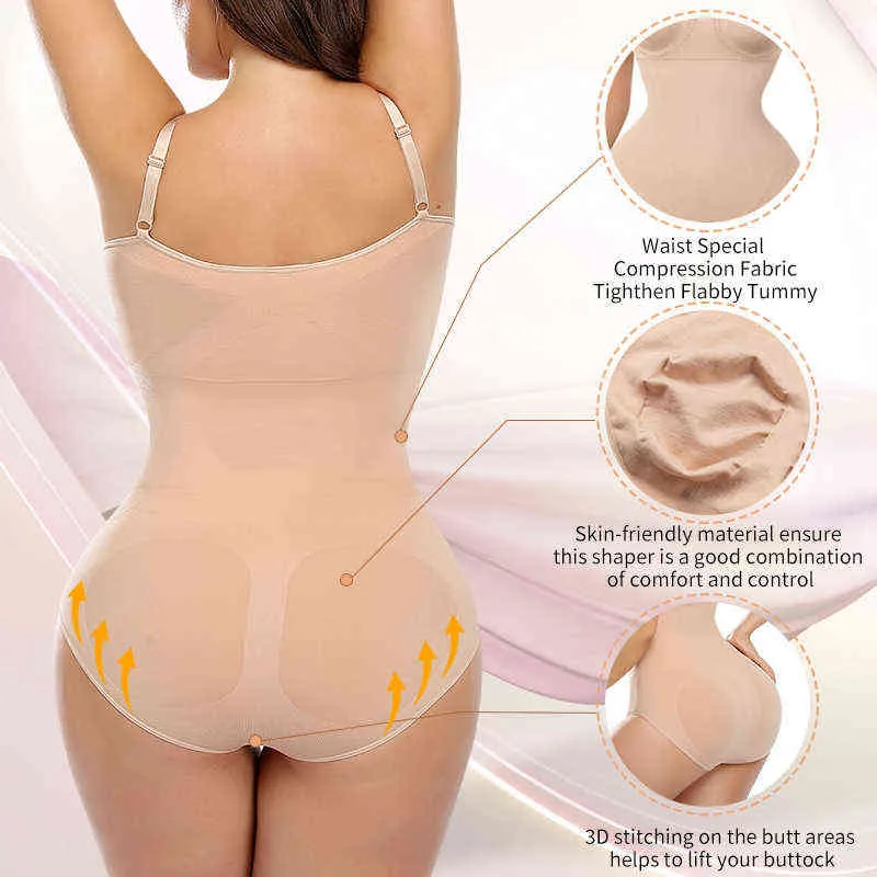 Kadınlar için Dikişsiz Shapewear Bodysuit Karın Kontrol Butt Kaldırıcı Vücut Şeytan Pürüzsüz Elbise Zayıflama İç çamaşırı L220802