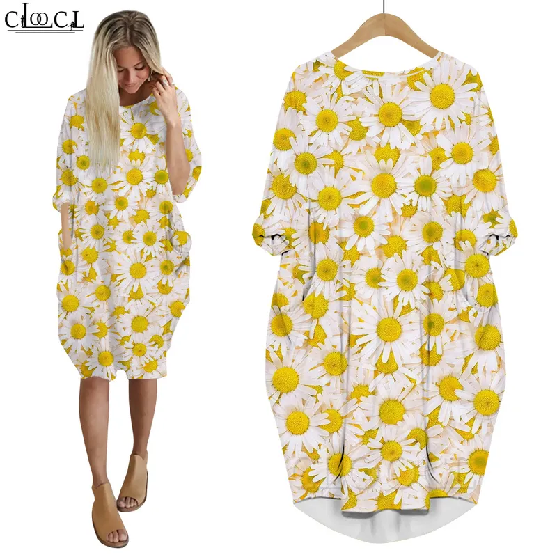 Women Dress Beautiful Sunflower Yellow Flowers 3D Printed Loose Daughter Dresses Long Sleeve Casual Pocket Female Dress W220616