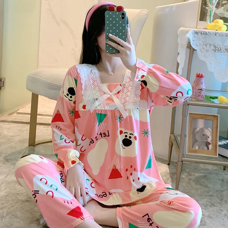 Mulheres Wardmit Pajamas Algodão Cute Long Tops Set Lace Young Girl Pijamas Conjuntos NASSUTE Sleepwear Home Wear 220329