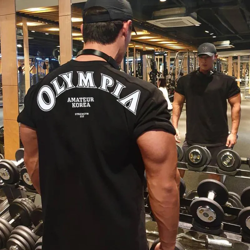 Olympia Cotton Gym Shirt Sport Thirt Men Mężczyznę Krótkie rękawie Koszulka Mężczyźni Trening Trees Fitness Los Large Mxxxl 220607