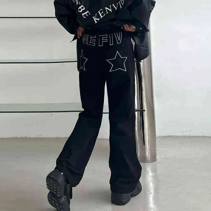 Hip Hop Back Letter and Stars Embroidery Baggy Denim Pants Male and Femlae Solid Color Pockets Frayed Loose Jeans Trousers T220803