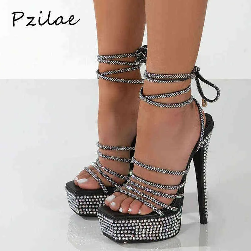 Sandaler Pzilae glitter strass höga klackar kvinnor sexiga smala band crossstrap plattform gladiator mode sommarskor 220704