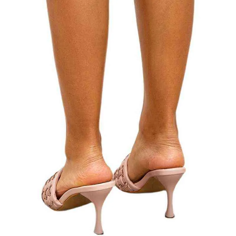 2022 Nouvelle arrivée Fashion Weave Crystal Square Toe Shoe Femmes Pantoufles Designer Sandales Mule Femme Talons Diapositives chaussures taille 35-42 G220527
