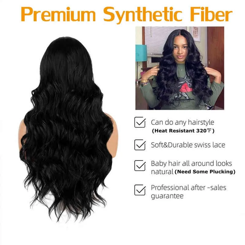 Perruque Lace Front Wig synthétique Body Wave longue 4x1, perruque Lace Wig transparente avec cheveux de bébé, perruque T Part longue pour femmes noires