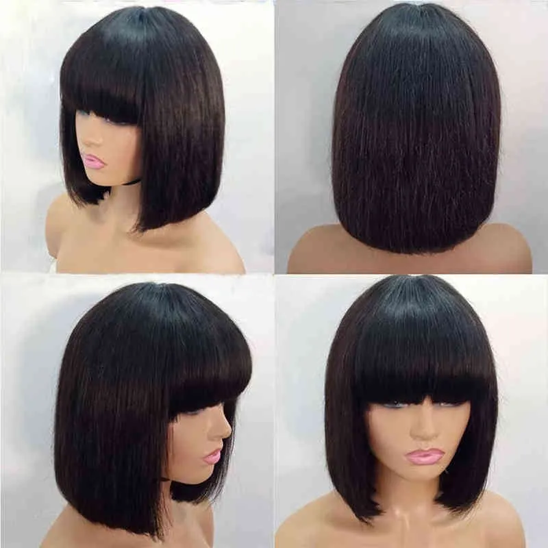 Kort bob peruk med lugg raka brasilianska hår peruker för kvinnor perruque cheveux humain full maskin gjord billig människa 220609
