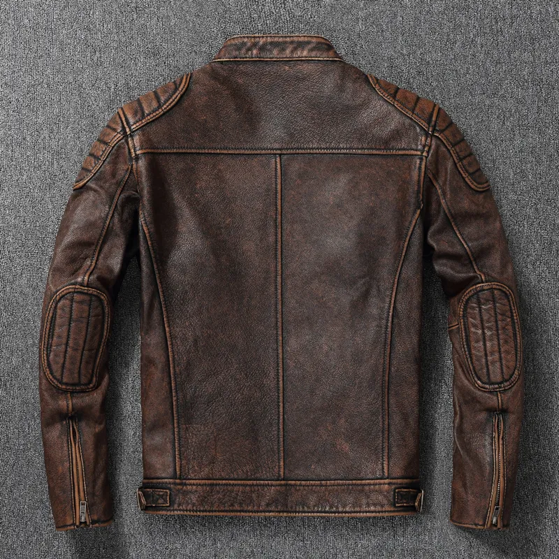 Vintage Sarı Kahverengi Gerçek Cowhide Orijinal Deri Ceket Erkek Motosiklet Ceket Mens Biker Giysileri Bahar Sonbahar Asya Boyutu 6XL 220816