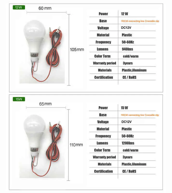 2022 LEDランプDC12VポータブルLED電球3W 6W 9W 12W 15W 24V 36V 48Vコールド/ウォームホワイトアウトドアキャンプテント釣り吊りライトH220428