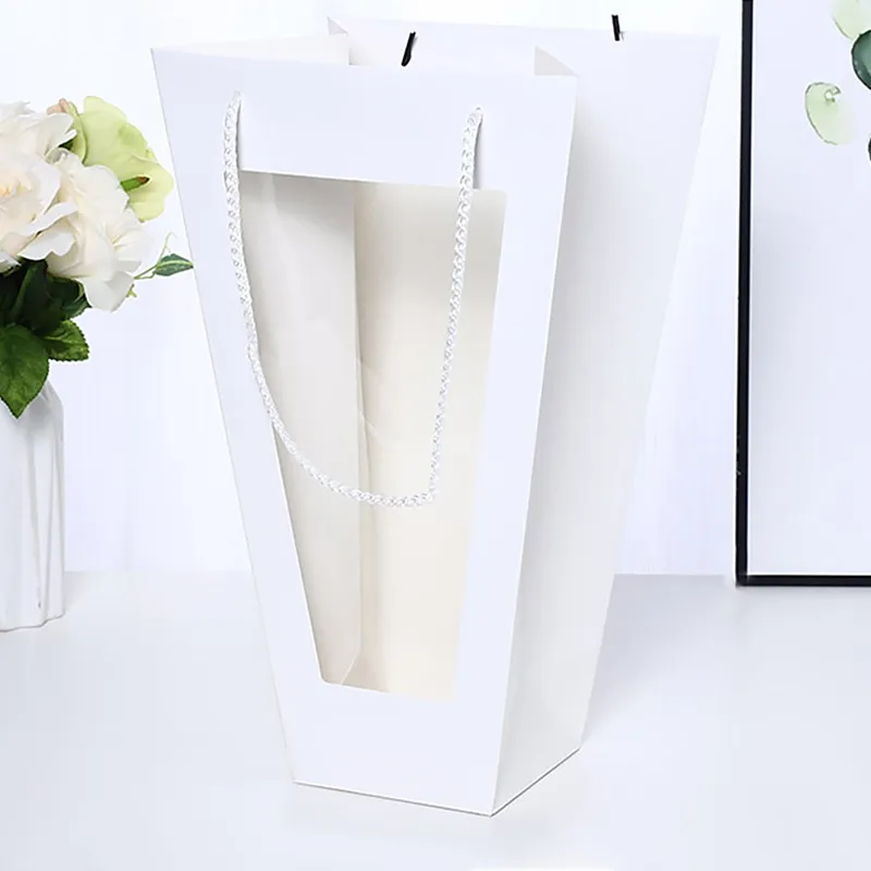 Flower Packing Bag With Clear Window Trapezoid Shape Portable Gift Packing Boxes Flower Gift Kraft Paper Bags Home Decoration