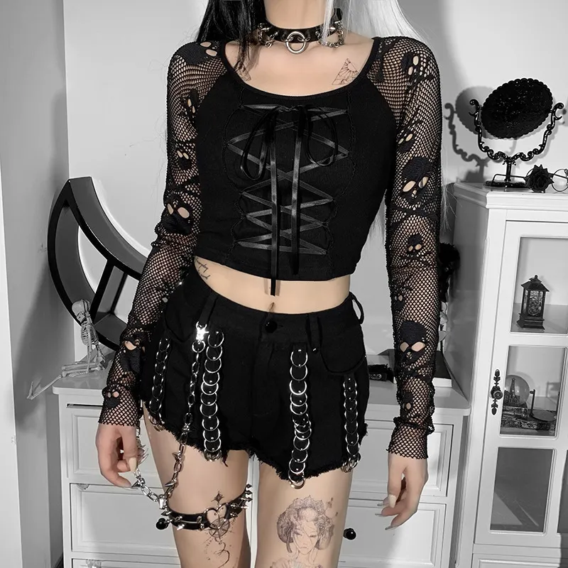 Goth Black Bodycon Crop Top Koszulki Koszulki Estetyczne Seksowne WSKAZÓWKA DŁUGO SKŁADNEGO CORSET