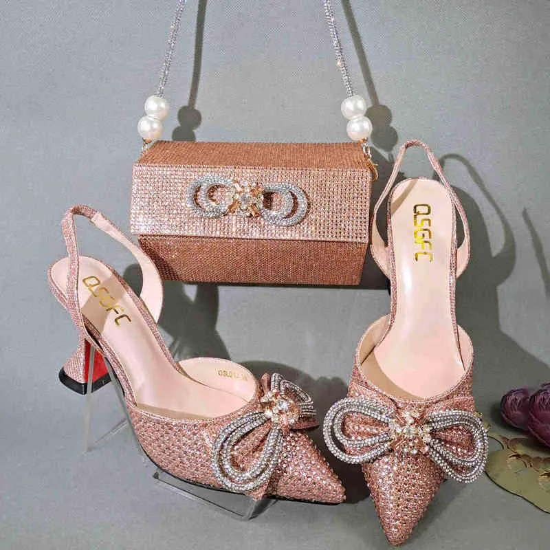 Dress Shoes 2022 Popular Peach Color Pointed Wine Glass Heel Design Ladies Dual Use Bags Wedding Party Bag 220722
