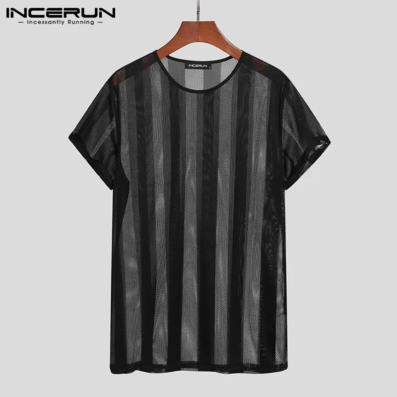 Summer Men striped t Shirt شبكة شفافة o الرقبة قصيرة الأكمام مثير Tee Tops Streetwear Party camisetas incerun 7 220623