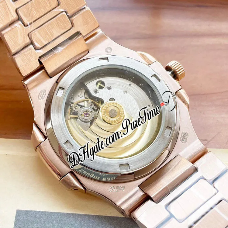 40 mm 5711 A21J automatisch herenhorloge roségoud stokbrood blauwe edelsteen bezel grijze textuur wijzerplaat diamanten stokmarkeringen roestvrij stee250a