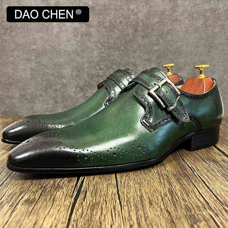 Dres Shoe Luxury Brand Men Loafer Monk Strap Shoe Genuine Leather Fashion Black Green Office Wedding Casual 220723