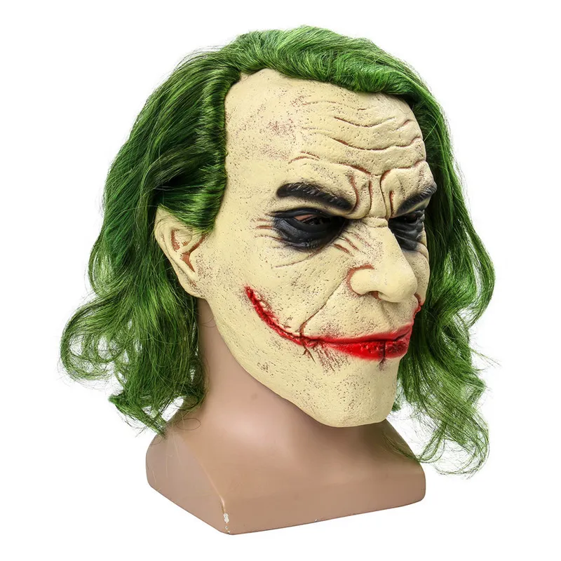 Cadılar Bayramı Lateks Maske Kara Şövalye Cosplay Korku Korkunç Palyaço Joker Parti Kostüm Malzemeleri için Yeşil Saç Peruk ile 220523