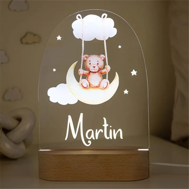 USB LED lune veilleuse avec ours éléphant lapin personnalisé nom lampe pour pépinière enfants bébé chambre lumière décor 220623