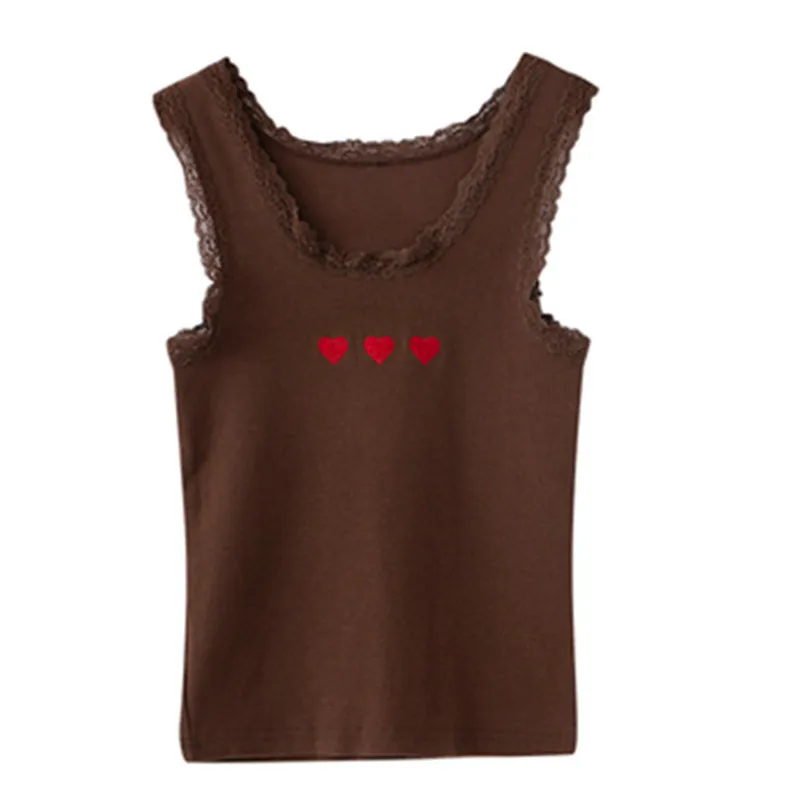 PUWD Sweet Girls Cuore Ricamo Slim Tank Summer Fashion Ladies Lace Splicing Short Top Donna Streetwear Chic Tees 220316