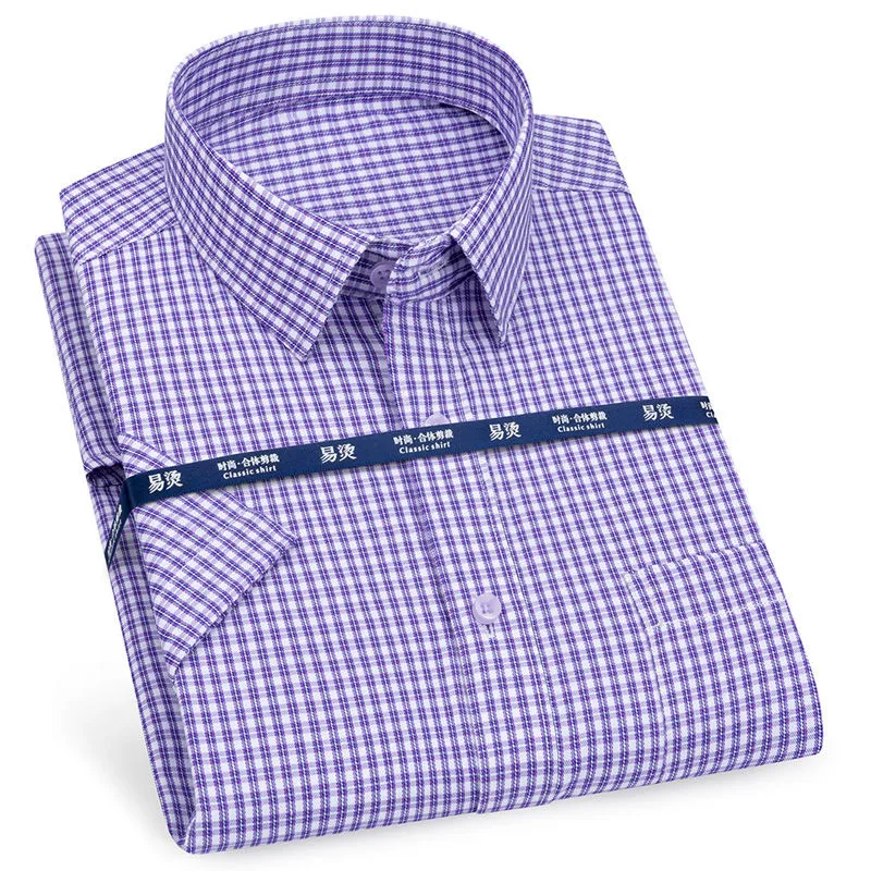 Hommes d'affaires décontracté à manches courtes chemise classique à carreaux rayé à carreaux mâle robe sociale chemises violet bleu 5XL Plus grande taille