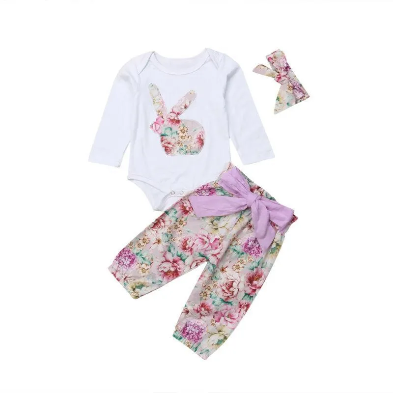 Kläduppsättningar småbarnsfödda födda flickor kläder set påskfjäder långärmad topps bodysuit blommiga byxor kläder 0-18m