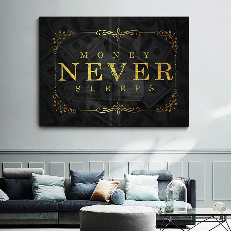 Черно -золотое мотивационное холст рисовать деньги никогда не спит плакаты и отпечатки настенные художественные картинки для декора гостиной