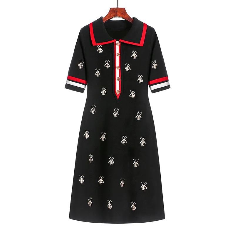 Spring Summer Knit Cartoon Embroidered Polo Dress Woman Plus Size Black Casual Knee-length Straight Dresses Female 220504