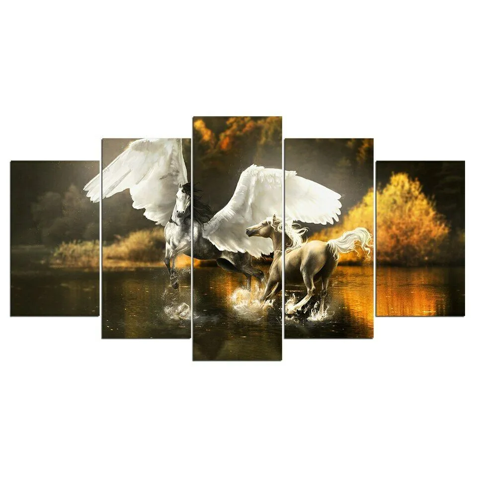 5 pezzi bianchi cavalli epici con le ali quadri su tela stampa wall art dipinti su tela decorazioni murali soggiorno senza cornice