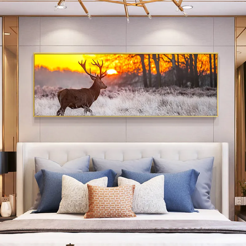Sunset Landscape Wall Art Affiches et imprimés de cerfs dans la toile de forêt peintures sur le mur des images décoratives pour le salon