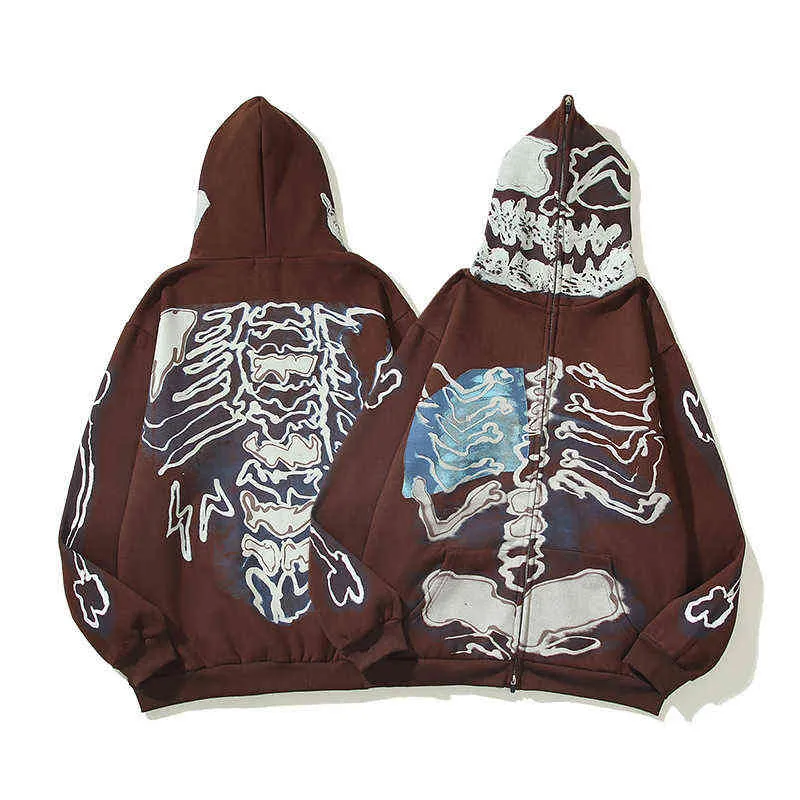 2021 Winter skeletprint fleece bruine rits omhoog hoodie mannen hiphop pullover katoen punk ritssluiting sweatshirt sudaderas hombre g220607