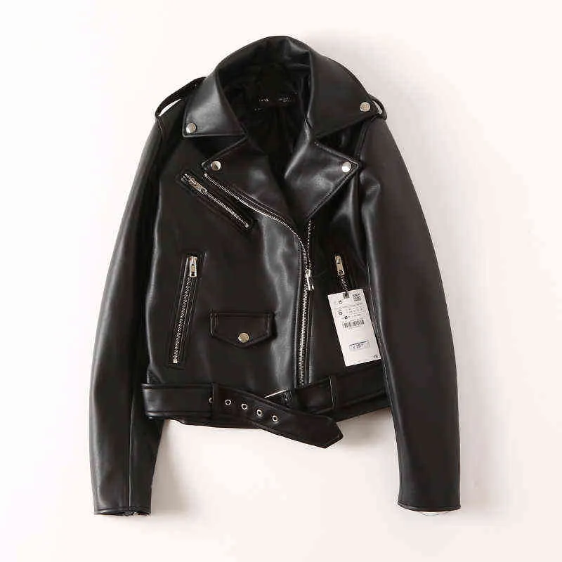Ailegogo New Autumn Women Black Faux Leather Jacket Streetwear Moto Biker Slim Fit Turn Down Collar Coat Outwear with Belt L220801
