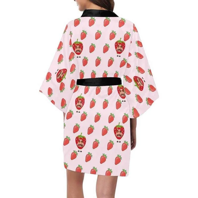 Visage personnalisé fraise rose imprimé robe kimono courte pour femme cadeaux personnalisés femme intérieur automne doux pyjama ensemble vêtements de nuit 220621