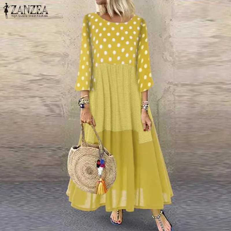 Women Polka Dot Long Sundress Autumn ZANZEA Vintage Pacthwork Dress Casual Cotton Shirt Vestidos Femme Tunic Robe Kaftan 220521