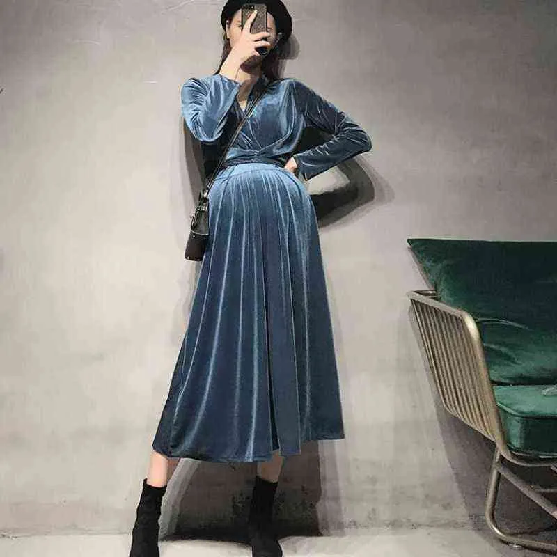 ベルベットのマタニティドレス秋冬スタイリッシュなシックなインセーター服妊婦韓国ファッション妊娠 G220418