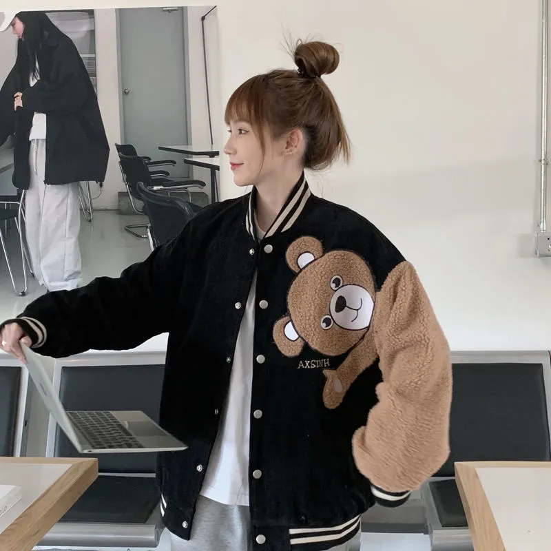 Oversize borduurwerk honkbal uniform streetwear herfst en winter losse beer kawaii kleding lange mouw losse paarjas 220721