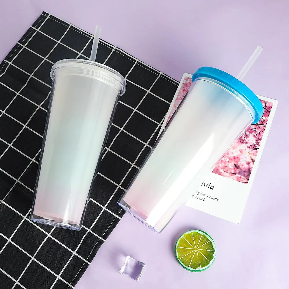 Tumbler Rainbow Color Changing 710ML Cups Coffee Mugs BPA Free Plastic Diamond lids Water Bottle with Straw Double Wall Drinking Cup Wholesale C0421